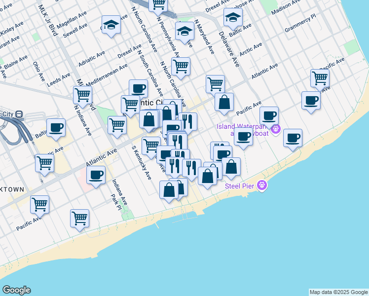 map of restaurants, bars, coffee shops, grocery stores, and more near 120 South South Carolina Avenue in Atlantic City