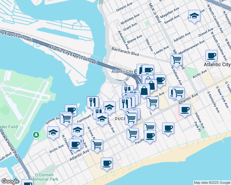 map of restaurants, bars, coffee shops, grocery stores, and more near 2404 Island Avenue in Atlantic City