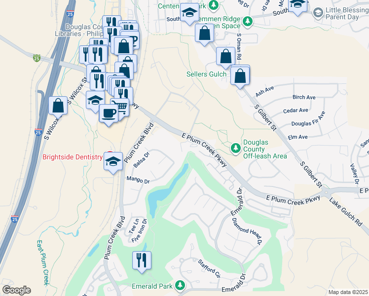 map of restaurants, bars, coffee shops, grocery stores, and more near 743 Balsa Drive in Castle Rock