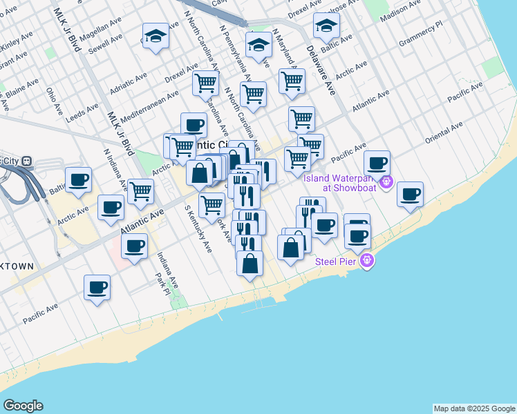 map of restaurants, bars, coffee shops, grocery stores, and more near 120 South South Carolina Avenue in Atlantic City