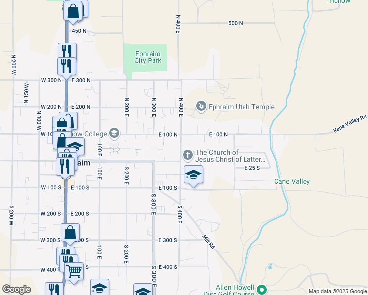 map of restaurants, bars, coffee shops, grocery stores, and more near 36 North 400 East in Ephraim