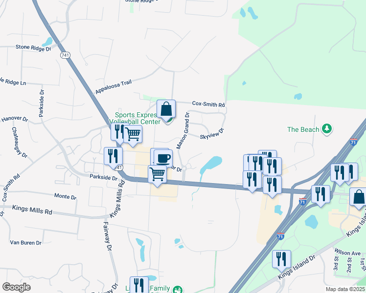 map of restaurants, bars, coffee shops, grocery stores, and more near 5550 Club Park Drive in Mason