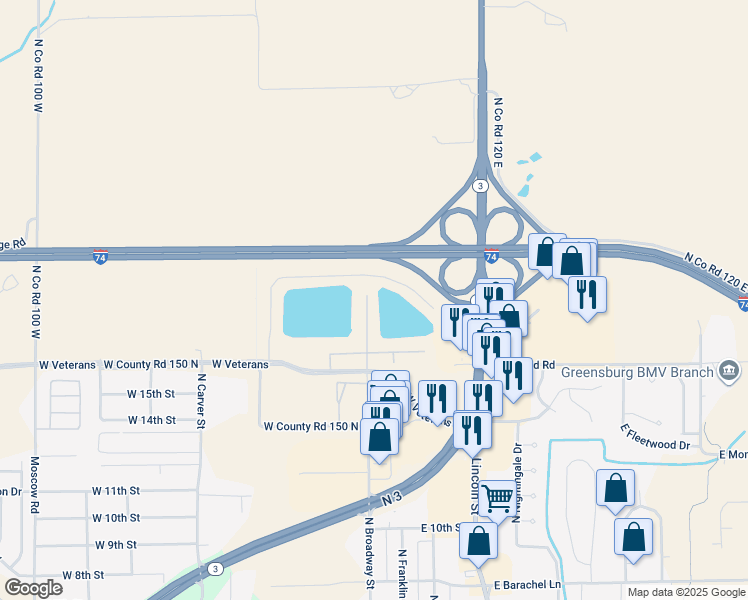 map of restaurants, bars, coffee shops, grocery stores, and more near 2398 North Broadway Street in Greensburg