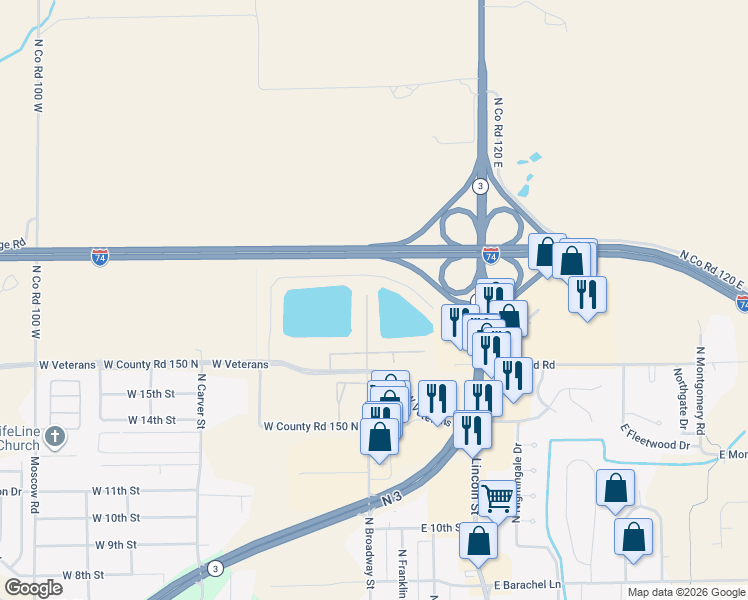map of restaurants, bars, coffee shops, grocery stores, and more near 2398 North Broadway Street in Greensburg