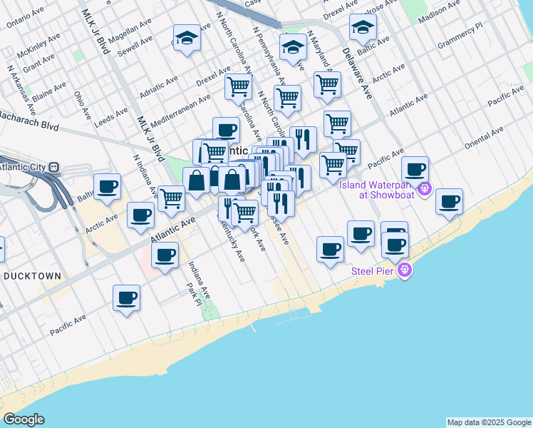 map of restaurants, bars, coffee shops, grocery stores, and more near 1409 Pacific Avenue in Atlantic City