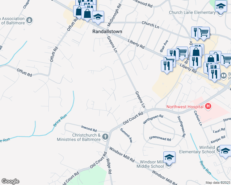 map of restaurants, bars, coffee shops, grocery stores, and more near 8807 Harkate Way in Randallstown