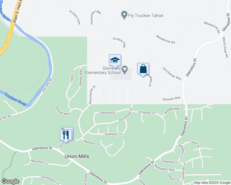 map of restaurants, bars, coffee shops, grocery stores, and more near 10647 Laburnham Circle in Truckee