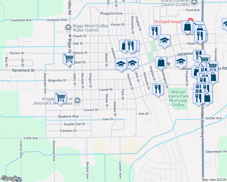 map of restaurants, bars, coffee shops, grocery stores, and more near 275 Indiana Street in Gridley