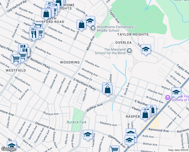 map of restaurants, bars, coffee shops, grocery stores, and more near 3505 Woodring Avenue in Baltimore