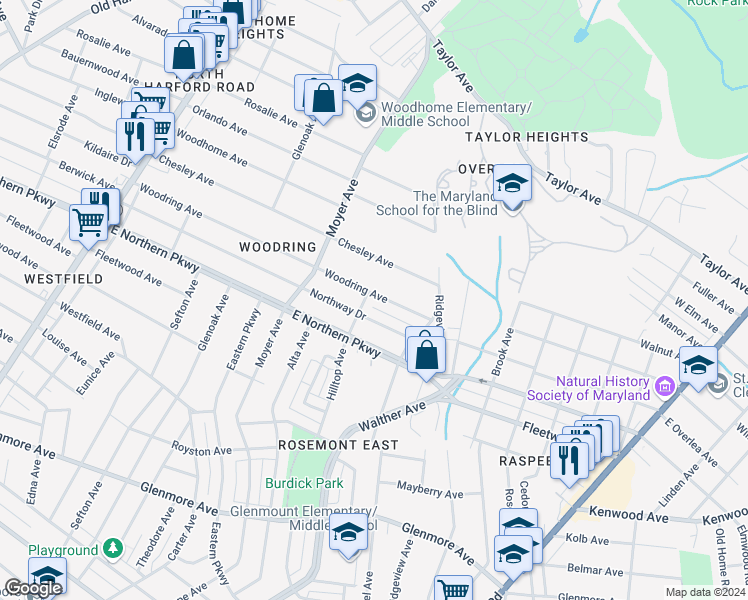 map of restaurants, bars, coffee shops, grocery stores, and more near 3505 Woodring Avenue in Baltimore