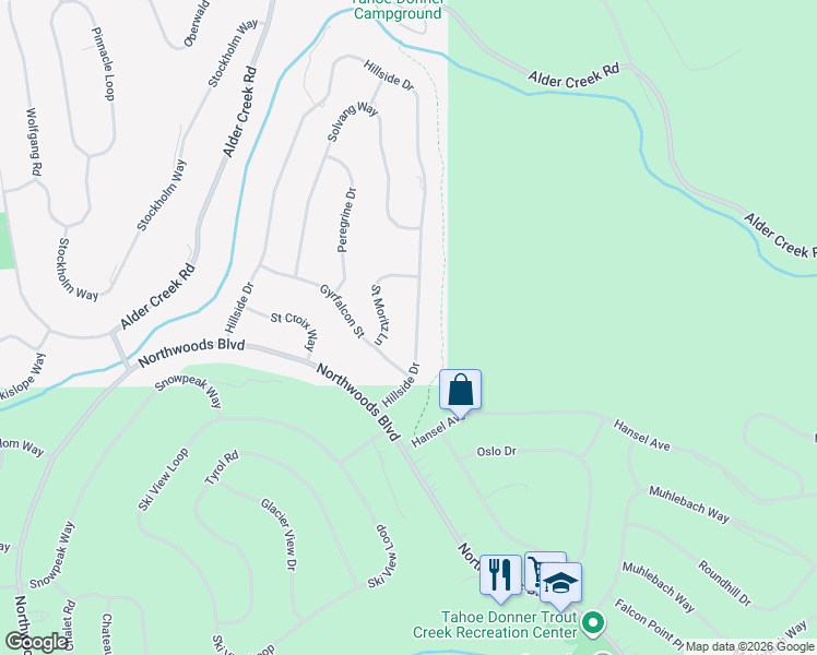 map of restaurants, bars, coffee shops, grocery stores, and more near 12584 Hillside Drive in Truckee