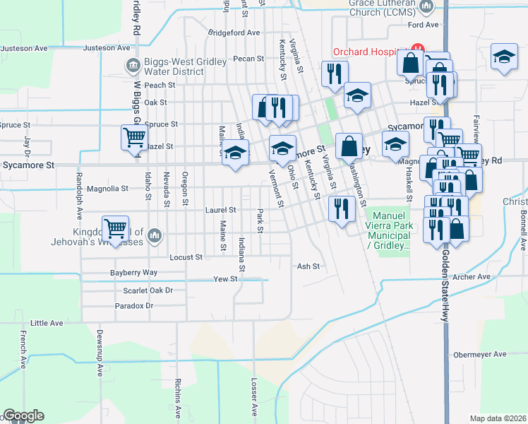 map of restaurants, bars, coffee shops, grocery stores, and more near 355 Park Street in Gridley