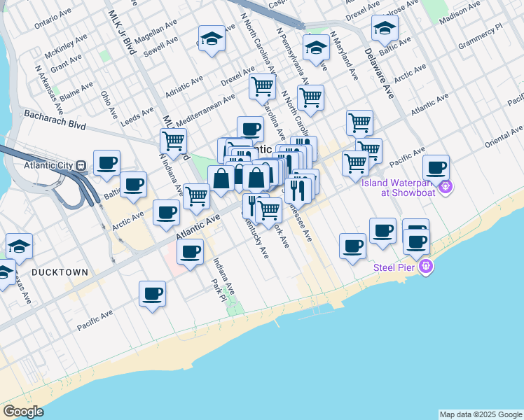 map of restaurants, bars, coffee shops, grocery stores, and more near 1420 Atlantic Avenue in Atlantic City