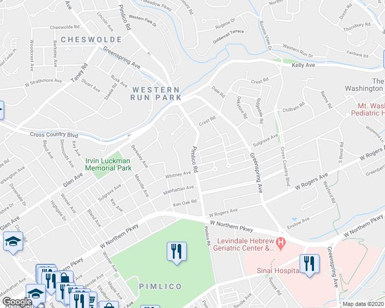 map of restaurants, bars, coffee shops, grocery stores, and more near Pimlico Rd & Briarwood Rd in Baltimore