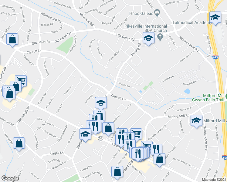 map of restaurants, bars, coffee shops, grocery stores, and more near 3411 Rolling Road in Milford Mill