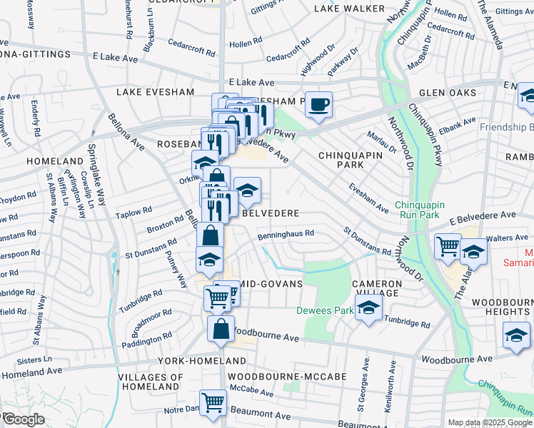 map of restaurants, bars, coffee shops, grocery stores, and more near 5802 Clearspring Rd in Baltimore