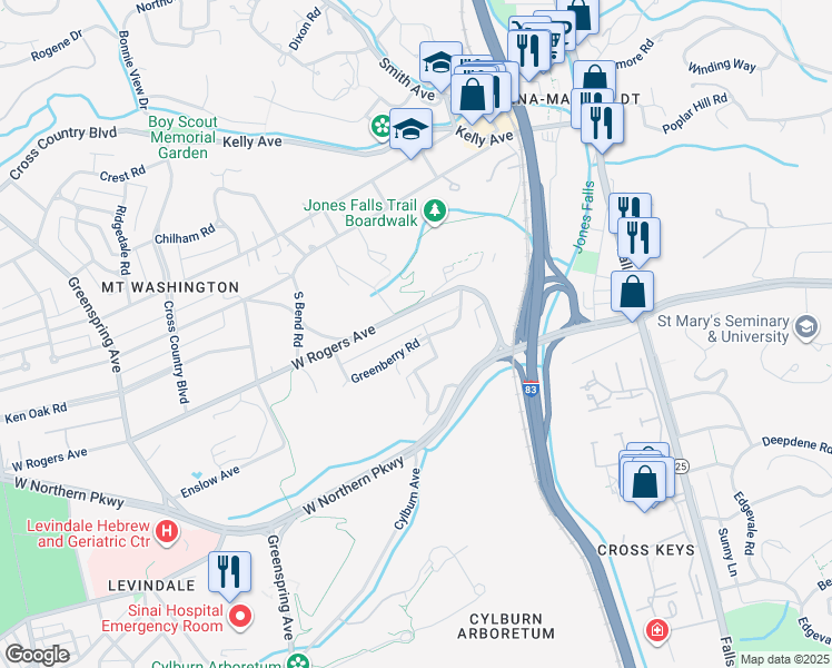 map of restaurants, bars, coffee shops, grocery stores, and more near 1904 Greenberry Road in Baltimore