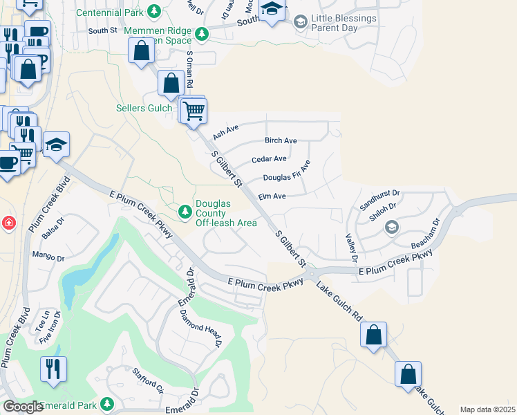 map of restaurants, bars, coffee shops, grocery stores, and more near 101 Elm Avenue in Castle Rock