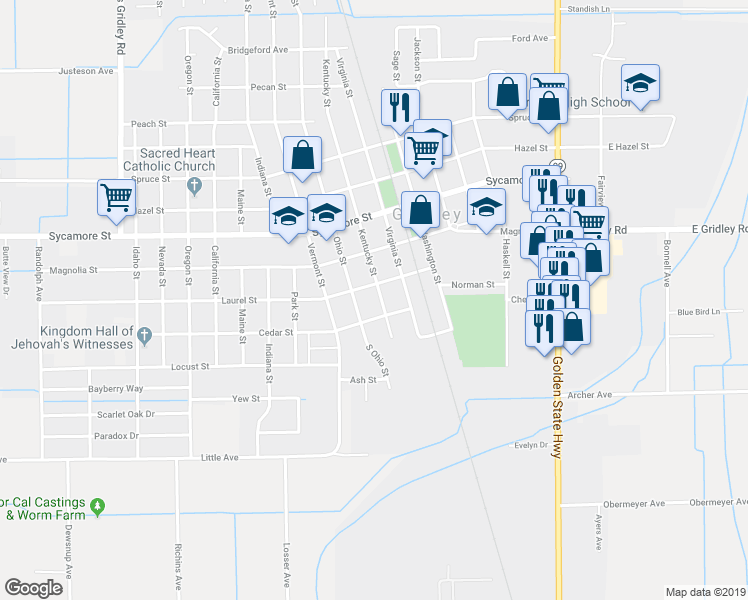 map of restaurants, bars, coffee shops, grocery stores, and more near 300 Ohio Street in Gridley