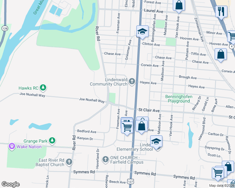 map of restaurants, bars, coffee shops, grocery stores, and more near 3531 Freeman Avenue in Hamilton