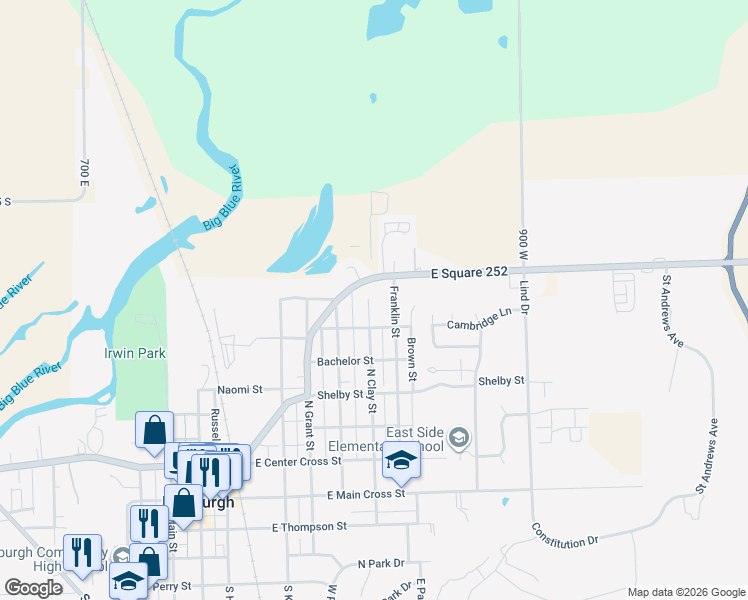 map of restaurants, bars, coffee shops, grocery stores, and more near 7653 Indiana 252 in Edinburgh