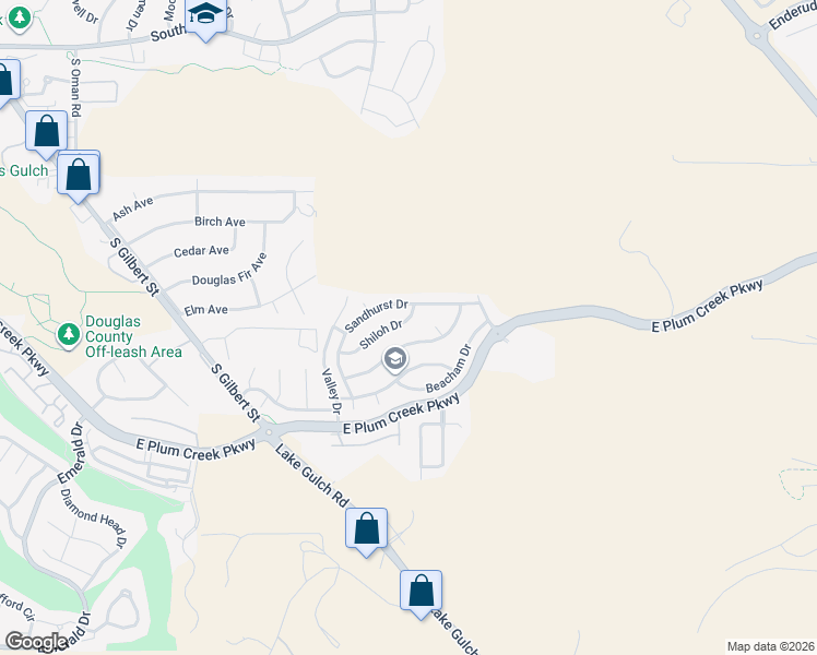 map of restaurants, bars, coffee shops, grocery stores, and more near 2157 Shiloh Drive in Castle Rock