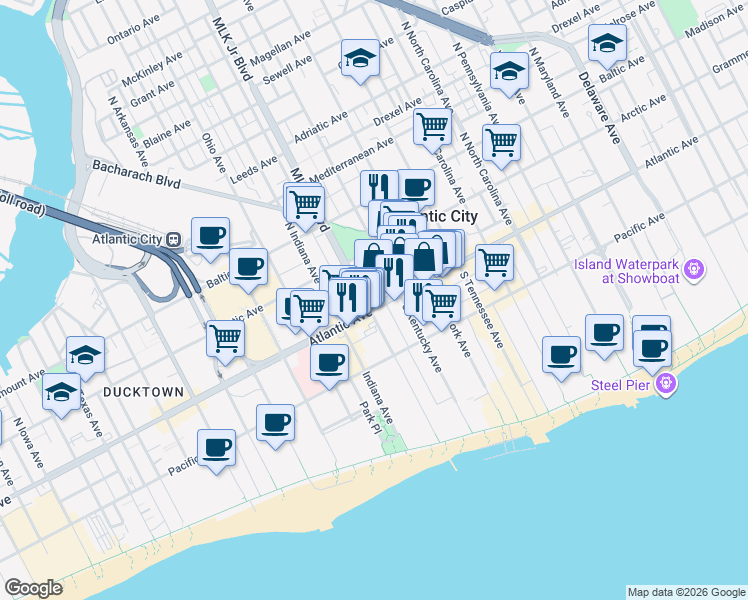 map of restaurants, bars, coffee shops, grocery stores, and more near 27 North Mount Vernon Avenue in Atlantic City