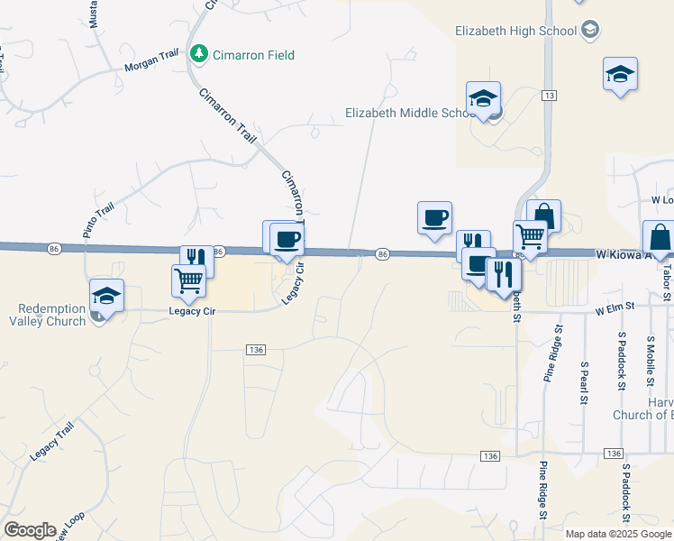 map of restaurants, bars, coffee shops, grocery stores, and more near 2484 Colorado 86 in Elizabeth