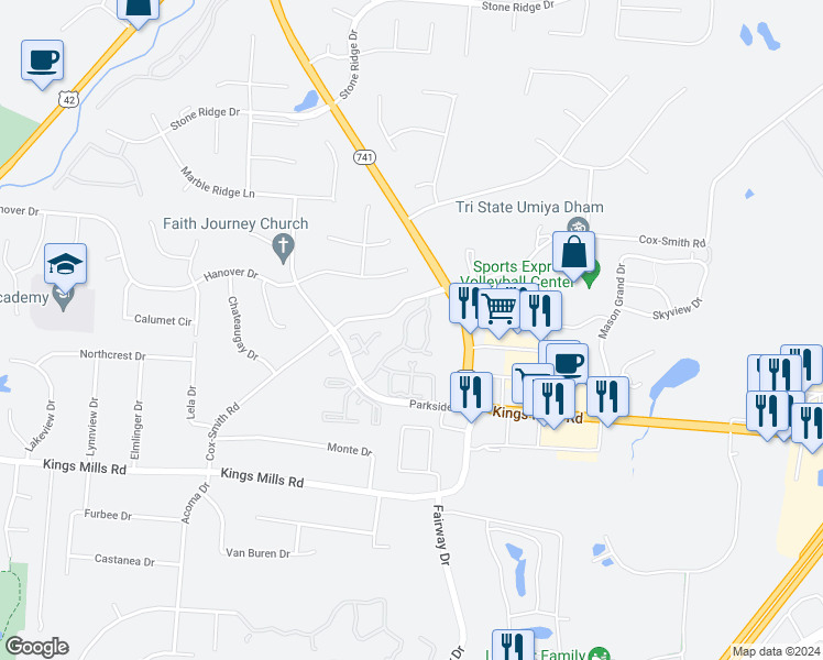 map of restaurants, bars, coffee shops, grocery stores, and more near 5268 Country Ridge Drive in Mason