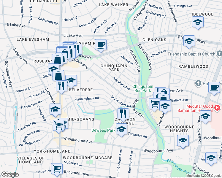 map of restaurants, bars, coffee shops, grocery stores, and more near 845 East Belvedere Avenue in Baltimore