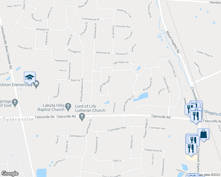 map of restaurants, bars, coffee shops, grocery stores, and more near 7660 West Lake Drive in Butler County