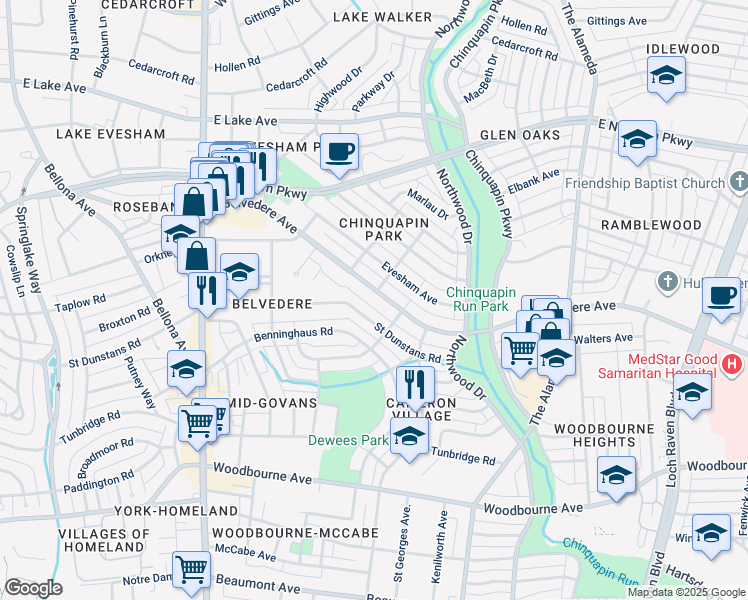 map of restaurants, bars, coffee shops, grocery stores, and more near 845 East Belvedere Avenue in Baltimore