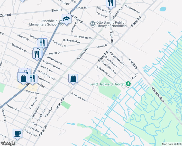 map of restaurants, bars, coffee shops, grocery stores, and more near 2404 Shore Road in Northfield