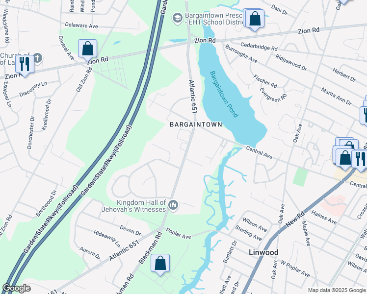 map of restaurants, bars, coffee shops, grocery stores, and more near 3517 Bargaintown Road in Egg Harbor Township