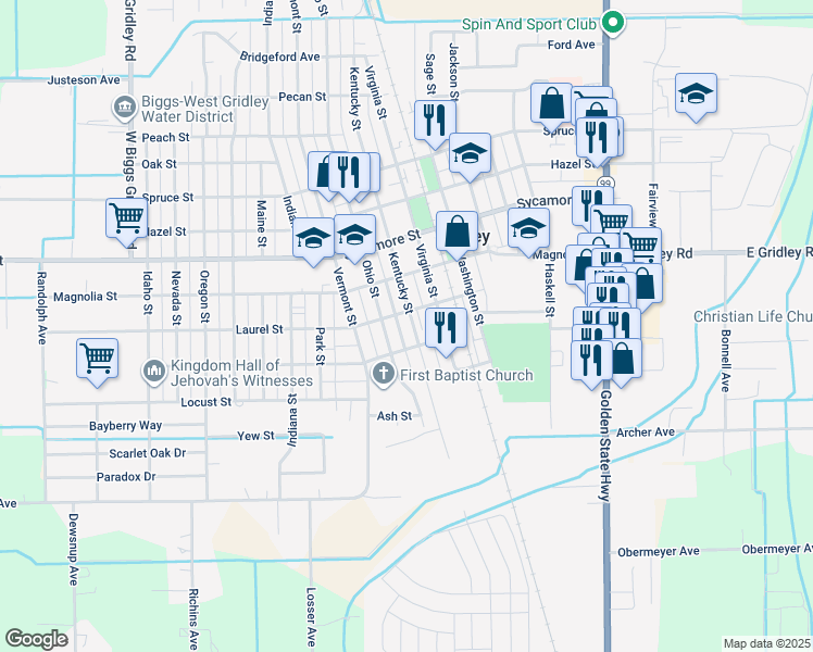 map of restaurants, bars, coffee shops, grocery stores, and more near 300 Ohio Street in Gridley