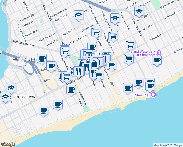 map of restaurants, bars, coffee shops, grocery stores, and more near 1520 Atlantic Avenue in Atlantic City