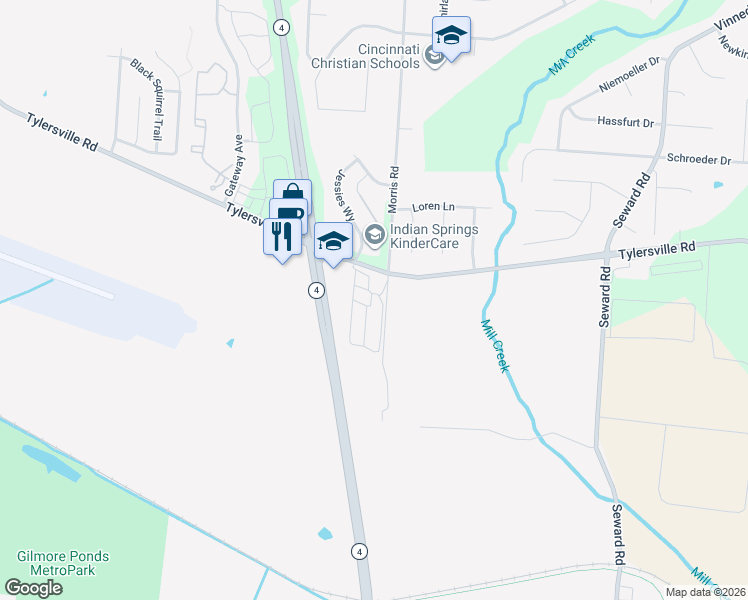 map of restaurants, bars, coffee shops, grocery stores, and more near Morris Rd in Fairfield
