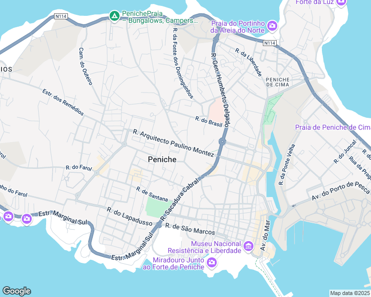 map of restaurants, bars, coffee shops, grocery stores, and more near 63 Rua Arquitecto Paulino Montez in Peniche