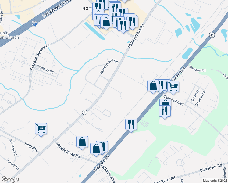 map of restaurants, bars, coffee shops, grocery stores, and more near 9909 Philadelphia Road in Rosedale
