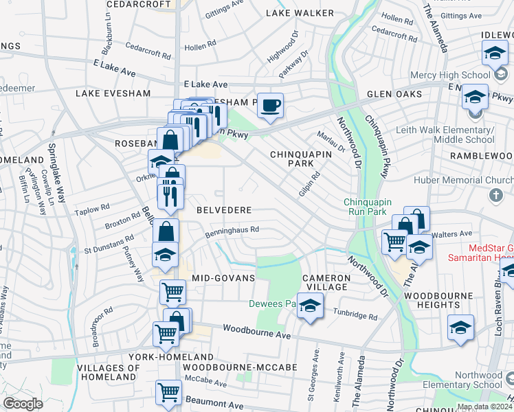 map of restaurants, bars, coffee shops, grocery stores, and more near 624 Saint Dunstans Road in Baltimore