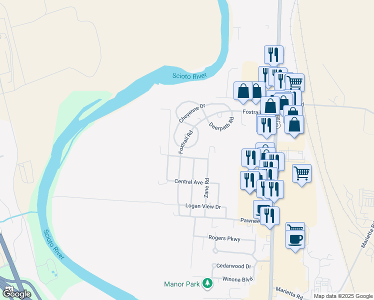 map of restaurants, bars, coffee shops, grocery stores, and more near 25 Mohawk Lane in Chillicothe