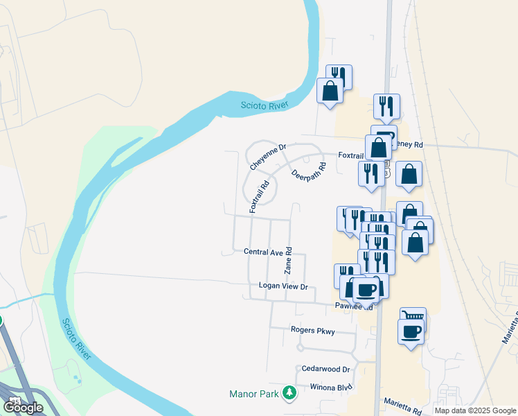 map of restaurants, bars, coffee shops, grocery stores, and more near 25 Mohawk Lane in Chillicothe