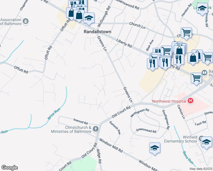 map of restaurants, bars, coffee shops, grocery stores, and more near 8817 Harkate Way in Randallstown