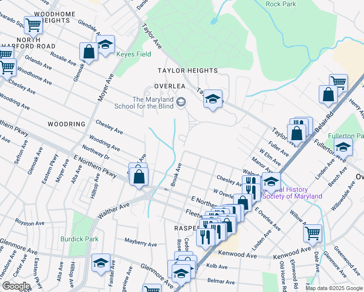 map of restaurants, bars, coffee shops, grocery stores, and more near 7201 Brook Avenue in Baltimore