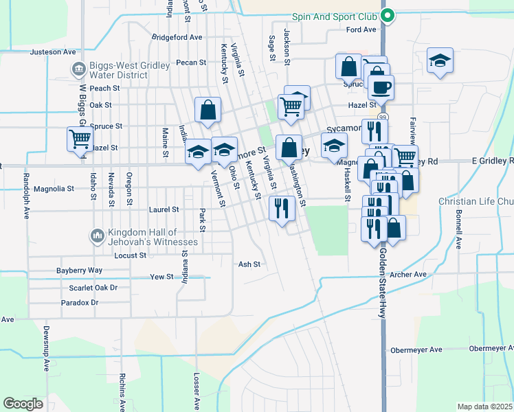 map of restaurants, bars, coffee shops, grocery stores, and more near 277 Kentucky Street in Gridley
