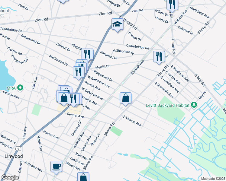 map of restaurants, bars, coffee shops, grocery stores, and more near 200 Ridgewood Drive in Northfield