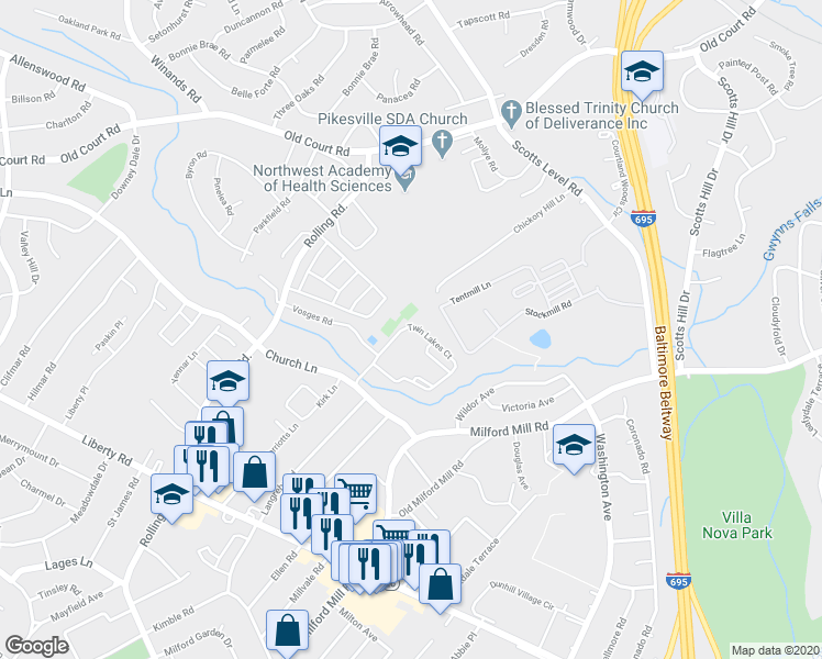 map of restaurants, bars, coffee shops, grocery stores, and more near 3863 Twin Lakes Court in Milford Mill