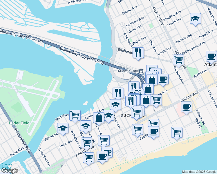map of restaurants, bars, coffee shops, grocery stores, and more near 2420 Sunset Avenue in Atlantic City