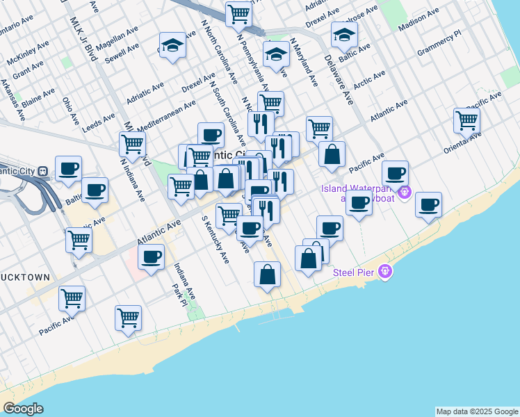 map of restaurants, bars, coffee shops, grocery stores, and more near 1329 Pacific Avenue in Atlantic City