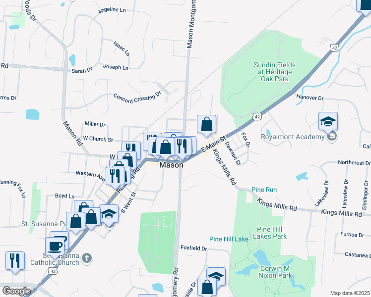 map of restaurants, bars, coffee shops, grocery stores, and more near 100 West Church Street in Mason